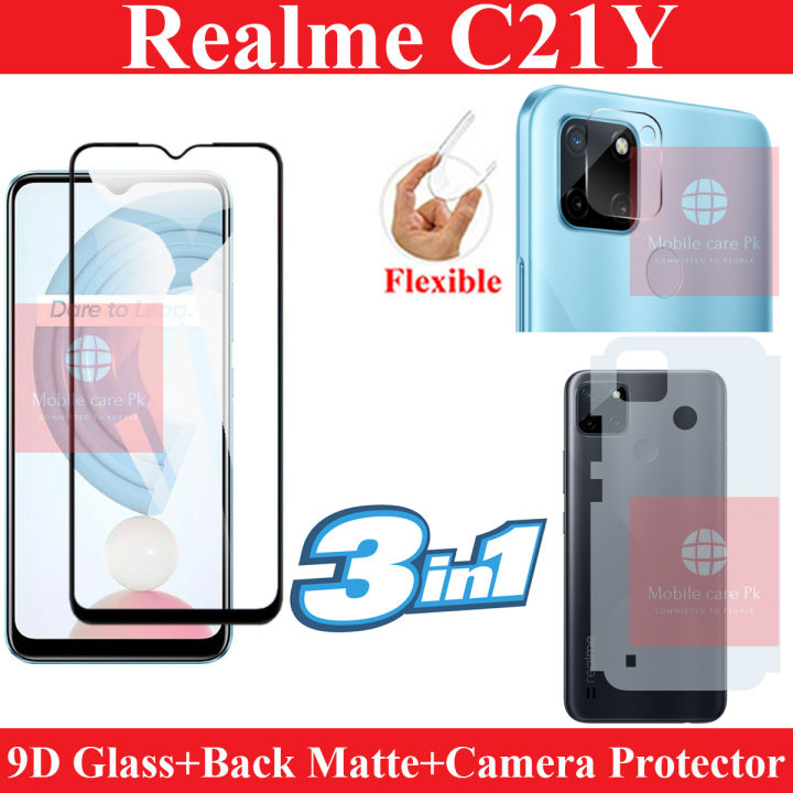 Realme C21Y Glass Protector 9D|5D|6D|10D|11D|21D Black Tempered Glass Screen Protector Full Glue Edge To Edge + Back Matte Protection Soft Skin Sheet Soft Film Back Protector + Back Camera 9H Gorilla Flexible Protector For Realme C21Y