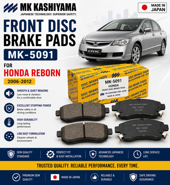 MK Kashiyama Front Disc Brake Pads MK-5091 for Honda Civic Reborn (2006 ...