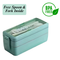 Lunch Box – 2 Layer Bento Lunch Box 750ml – Wheat Straw Microwaveable Lunch Box with Spoon & Fork – Portable, Leakproof Lunch Box for School, Office, Kids, Girls – Reusable Lunch Container & Lunch Carrier – Eco-Friendly & Durable Lunchbox. 