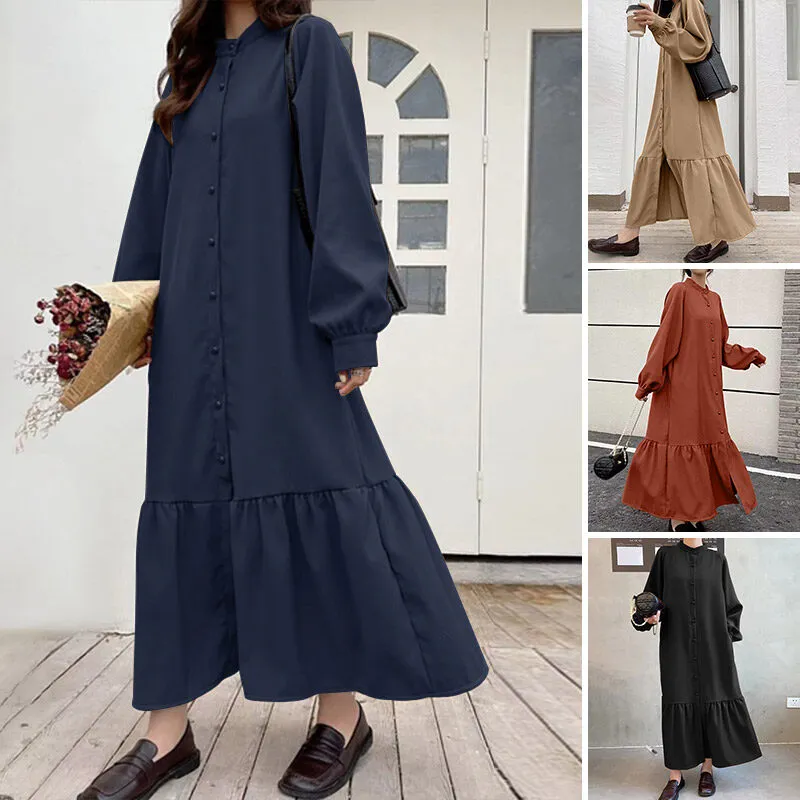 ZANZEA Korean Style Women Long Sleeve Casual Holiday Plain Baggy Ruffle Maxi Shirt Dress Daraz.pk