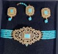 Earrings, Bindya, and Necklace Jewellery Set - Sky-Blue Moti with Glass Beads - Moroccan Style Jewellery for Girls and Women". 