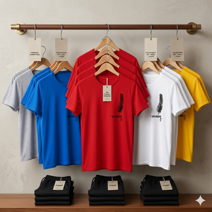 Premium Feather Edition Cotton T-Shirts for Men – Aesthetic Minimalist Round Neck Tees – Soft & Breathable Summer Bundle for Mens & Boys