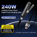 2 in 1 Charging Cable Type C with Invisible Foldable Stand – 240W Fast Charging Cable, Nylon Braided Type-C to Type-C, 360° Hidden Phone Holder, Charging Cable with Stand for Phones, Tablets & Laptops. 