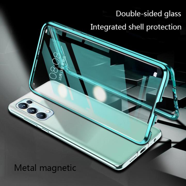 Biruiqu For OPPO Reno 5 Magnetic Absorption Case Metal Frame Shockproof Double Sided Tempered Glass Magnetic Case Cover