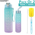 3pcs ~ 2pcs Motivational Water Bottle With Straw, Bottle & Straw Cleaner, Gradient Color Drinking Water Bottle For Girls And Female Gym With Handle, Portable Water Bottle For School, Fitness, Outdoor Sports, BPA Free Grade Plastic Travel Water Bottles. 