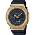 Casio G Shock 2100 Series Round Analog+Digital Gold Ion Plated Bazel World Time Stop Watch Hourly Time Signal Full Auto Calender 5 Daily Alarm Double LED Light Multi-Functions Black Resin Band Watch-GM-2100G-1A9DR. 