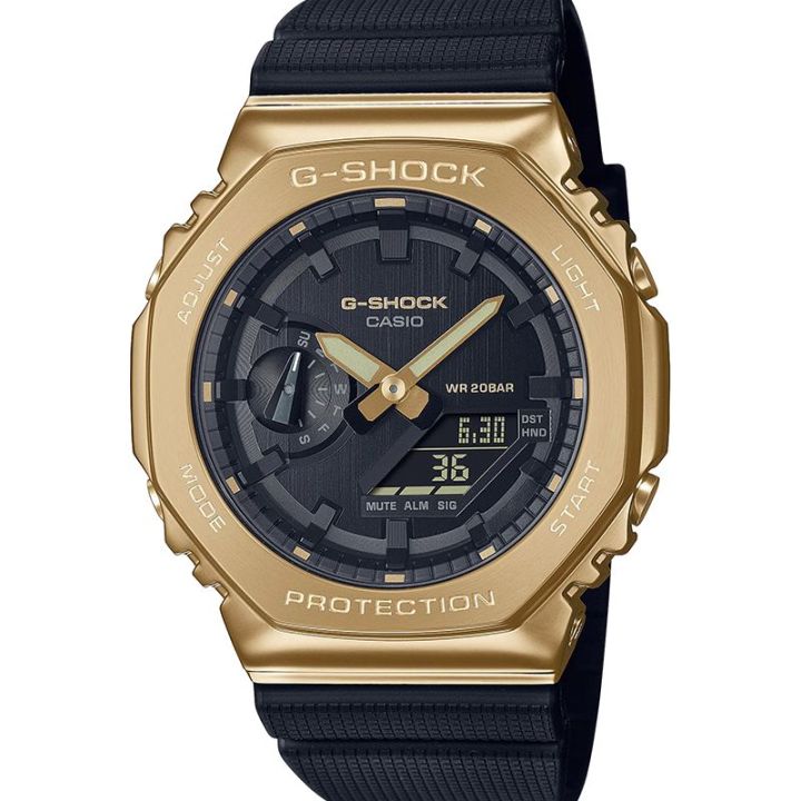 Casio G Shock 2100 Series Round Analog+Digital Gold Ion Plated Bazel World Time Stop Watch Hourly Time Signal Full Auto Calender 5 Daily Alarm Double LED Light Multi-Functions Black Resin Band Watch-GM-2100G-1A9DR
