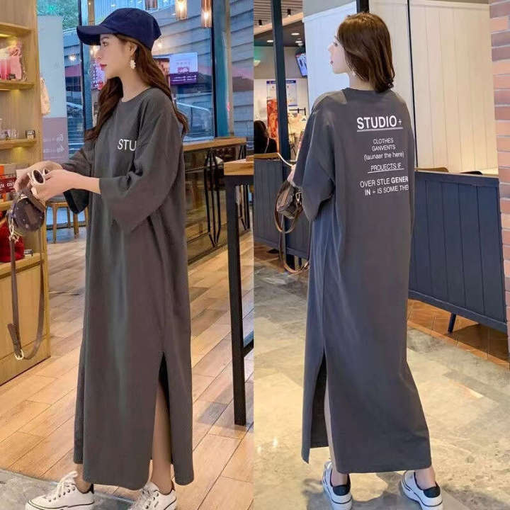 Fat mm summer outfit new lazy short sleeved loose over knee plus size dress 200 pounds long T shirt skirt