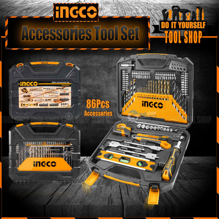 INGCO 86 Pcs Accessories Set Drilling Kit HKTAC010861 included bit for Masonry HSS twist wood twist.