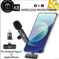 "Wireless K8 Microphone – Vlogging Mic with Accessories for Type-C Android, iOS Lightning & 3.5mm Devices". 
