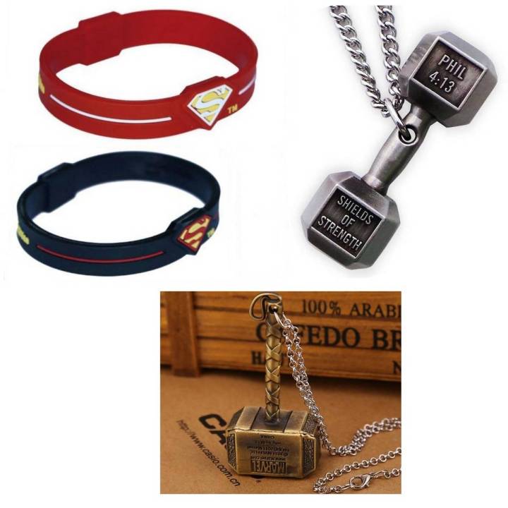 Pack of 3 – Superman Bracelet / Dumbbell and Marvel Thor Hammer For Boys