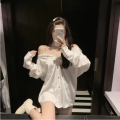 Sxy Off shoulder Top Women Button up White Shirt Long sleeve Chiffon Blouse With Chain Ladies Office Casual Night wear Nighty Party wear Top. 