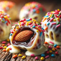 Pack of 12 White Chocolate and almond dates (Kajuur) | White chocolate dates covered with white chocolate and sprinkles with almond inside. 