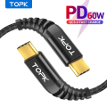 TOPK 1M 60W USB Type C Cable to USB C Cable for Samsung S10 Xiaomi Oneplus PD QC3.0 Fast Charging. 