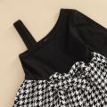 Children Girl Dress Two Piece Set, Houndstooth Printed Pattern Single Long Sleeve Patchwork Dress Matching Outwear Coat. 
