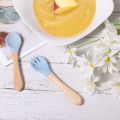 Random Color - Silicone Baby Feeding Forks and Spoons Set With Wooden Handle, Self-Feeding, Silicone Baby Utensils. 