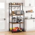 Kitchen Bakers Rack, Microwave Oven Stand with Large Wire Basket, Industrial Coffee Bar Station, 4-Tier Kitchen Utility Storage Shelf  , Pots Organizer, Rustic Brown. 