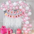 White Pink and Silver Birthday Theme for Girls  1 x Happy Birthday Banner 1 x Foil Curtain 20 x white Balloons  20 x Pink Balloons  20 x Silver balloons. 