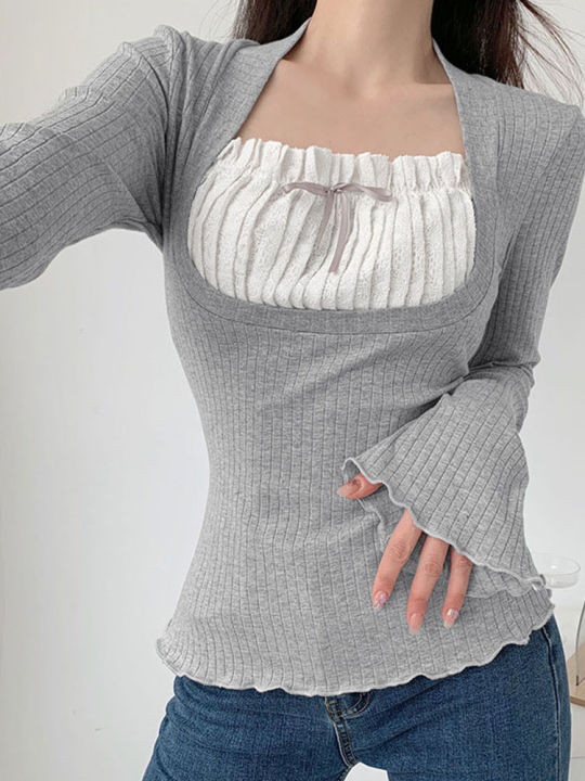 y2k%20Lace%20Patchwork%20Two%20Piece%20T-shirt%20Flare%20Long%20Sleeve%20Tops%20Spring%20Casual%20Kawaii%20Clothes%20Korean%20Shirt%20-%20Image%204