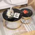 Stylish Metallic Mid Coffee Table Set with Gold Metal Frame - Round Side Table with Shelf, Nesting Coffee Table Set of 2, Stackable Metal Coffee Tables for Nesting Tables, Center Table, Wooden Table, Coffee Table, and Cocktail Table!. 