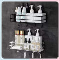 Premium Metal Shelf with 6 Hooks - Wall-Mounted Storage Organizer for Room and Bathroom, Sticky Hooks, Spice Rack, Shower Shampoo Holder, Bathroom Corner Frame, Corner Shower Shelf, Iron Shelf Stand - Black/White. 