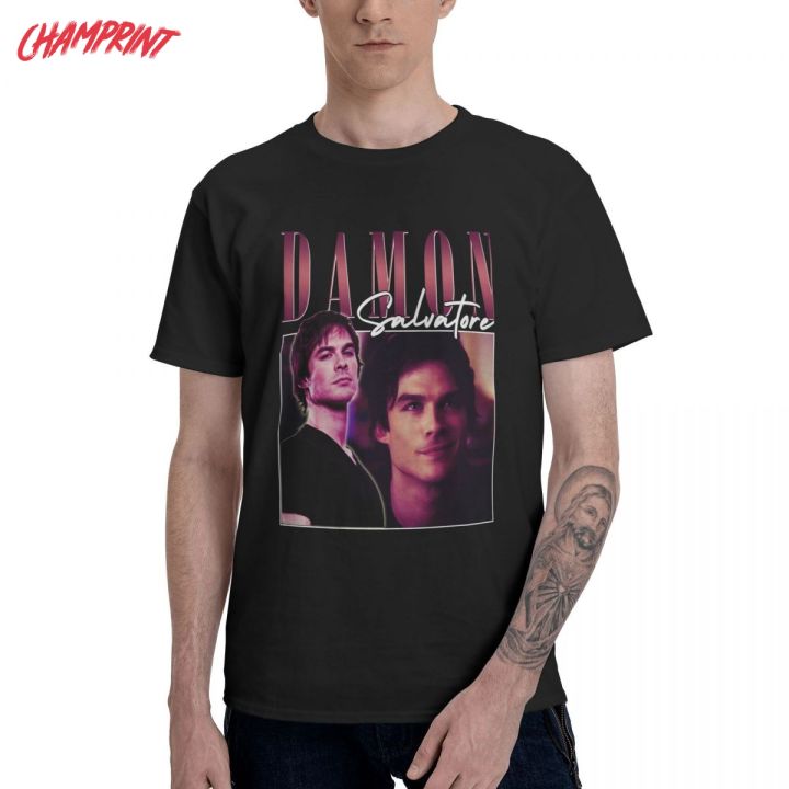 Damon Salvatore The Vampire Diaries Men's T Shirt Amazing Tee Shirt Short Sleeve Round Neck T-Shirts 100% Cotton Summer Clothes