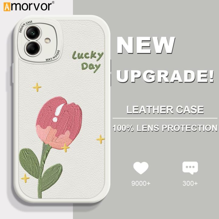 AMORVOR for Samsung A04 Back Cover Pink Flower PU Leather Case Soft Silicone Edge Mobile Cover