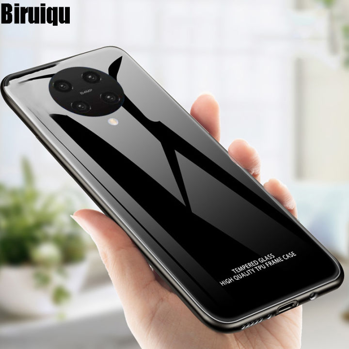 Biruiqu For Xiaomi Pocophone F2 Pro Poco F2 Pro Shockproof Tempered Glass Back Soft Silicone Edge Black Case Cover Casing