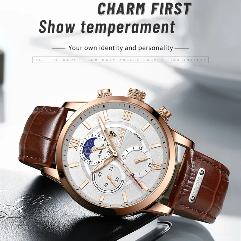 LIGE Mens Watches PU Leather Casual Quartz Watch Men s Sport Waterproof Clock Watch