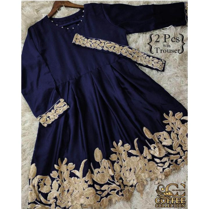 Embroided Short Silk Frock for Women with Belt (Two Piece Suit) Embroidered Frocks for Women