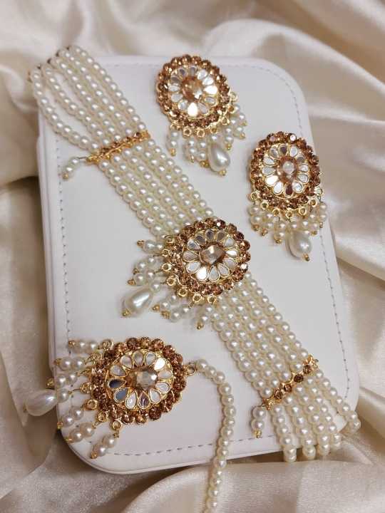 Pearl White Jewelry Set with Golden Finish - Choker Necklace, Earrings, and Bindia Jewellery Set