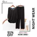 REXBAZAR - Plain Black V Neck with Palazzo Style Pajama Full Sleeves night suit for her. 
