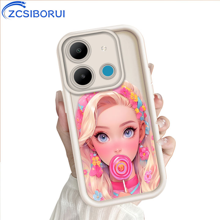 ZCSIBORUI for Infinix Smart 7 Tecno Spark Go 2023 Pop 7 Pro Back Cover Pink Lollipop Barbie Pattern Soft Camera Protection Rubber Square Ladder Phone Case