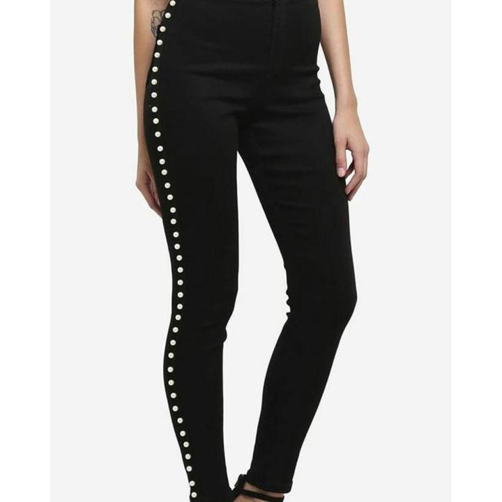 BLACK SIDE PEARLS EMBELLISHED JEANS FOR HER