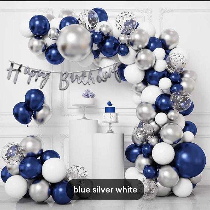 Pack of 57 pcs theme set Birthday Decoration for all person age group  . banner. arch tape. glue/double tape and 54 different colors balloons    | Blue and Silver Balloons for Birthday Decorations ( see pic no 7) for all disprition