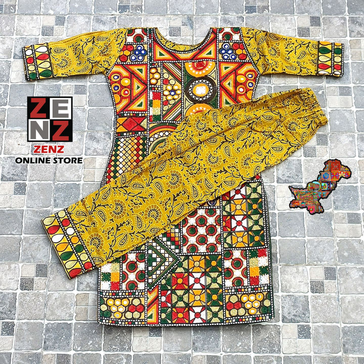 Pakistani Sindhi 2 Pc Stitched Dress Shirt (Crafted with Embroidery & Sequins)+ Trouser  for Girls 5-16 Years by Zenz Online Store