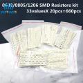 33valuesX 20pcs=660pcs 0603 0805 1206 SMD Resistor Kit Assorted 1R to 1M ohm 1% SMD Sample Kit DIY 3.3R 5.1R 10R 47R 62R 82R 1K. 