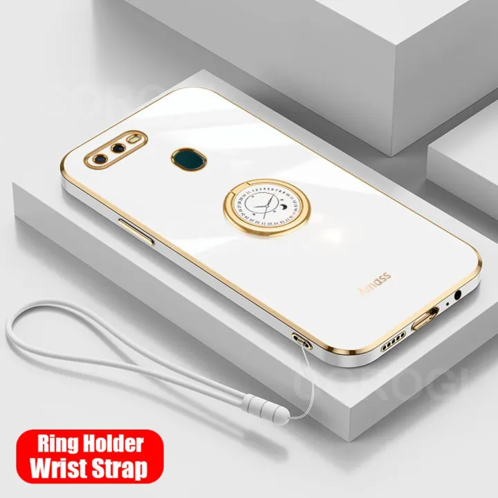 For OPPO A11k Back Cover with Ring Holder Stand + Wrist Strap Shiny Plating Square Bumper Protective Case Soft Silicone Shockproof Mobile Phone Cases