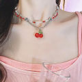 Goth Cherry Strawberry Pendant Pearl Beaded Necklace Sweet Cool Clavicle Chain Bayline. 