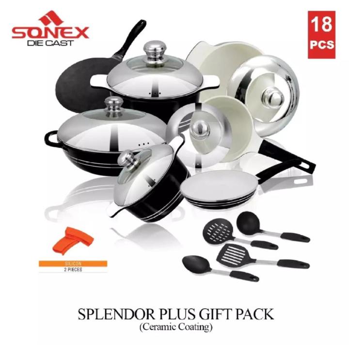 SONEX Splendor Plus Gift Pack Cookware Set with Steel Lid - 18 Pieces - Ceramic Coating - Black
