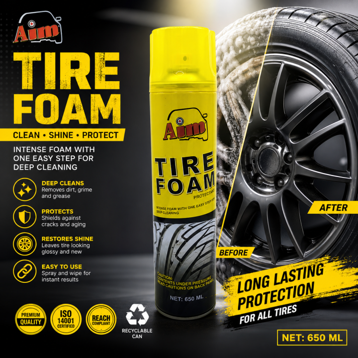 Aim Tire Foam Cleaner & Shine Spray 650ML – Instant Deep Cleaning, Long Lasting Protection, Car Tire Polish Foam