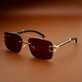 Modern Rimless Sunglasses for Men – Premium Gold Metal Detailing, Brown Lens | With Pouch & Hard Case Box. 