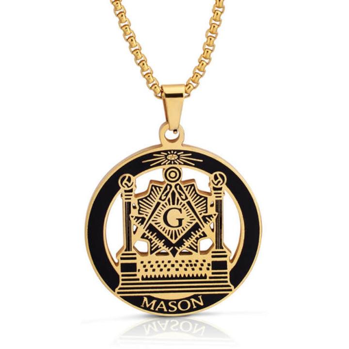 Freemason Necklace Gold Stainless Steel Free Mason Necklace Masonic Symbols Pendant Jewelry Men Hip Hop Freemasonry Male Gift