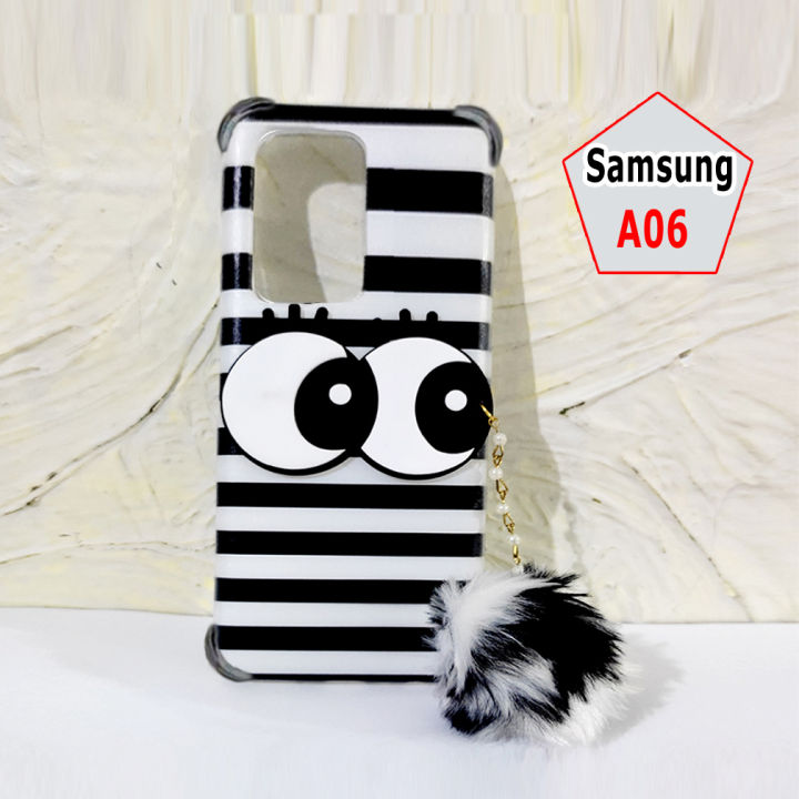 Samsung Galaxy A06 Back Cover - Girls Fancy Pouch  - 2GudBlkWhtLnsFrball Ladies Mobile Phone Case with Fluffy Wool Pom Pom Eyes - Smg A06 Anti Shock Corner Bumper Air Bag Soft - Black White