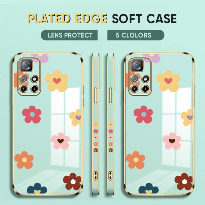 (Free Lanyard) Luxury 6D Plating Case for Redmi Note 11 5G / Xiaomi Poco M4 Pro 5G Back Cover Color Cartoon Flowers Side Pattern Soft Silicone Square Phone Cases