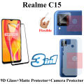 Realme C15 Full Black 9D|5D|6D|10D|11D|21D Tempered Glass Screen Protector Full Glue Edge To Edge + Back Camera 9H Gorilla Flexible Protector + Back Matte Protector Soft Skin Sheet Soft Film Protector For Realme C15. 