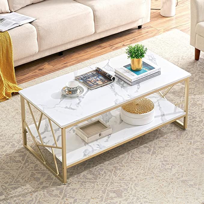 Marble Center table Coffee Table White Gold Coffee Tables for Living Room, Rectangle Coffee Table with Storage Modern Faux Marble Top Center Table Mid Century Unique Coffee Table Wooden Extra Long Tea Table Customizable Available