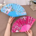 Portable Summer Cooling Gadget Flowers Printed Satin Hand Fan / Traditional Handcraft Folding Fans Delicate Chinese Art Souvenir Gifts. 