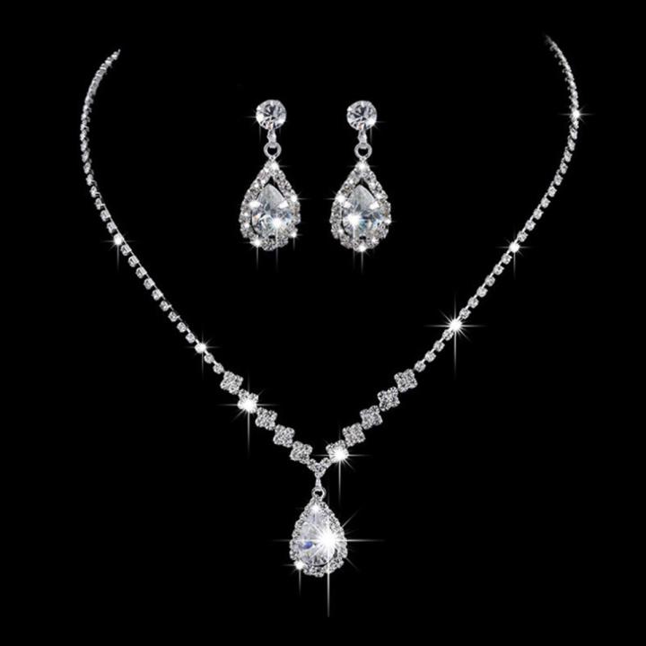 Vintage Crystal Waterdrop Pendant Necklace Earrings Silver Wedding Jewelry Set