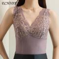 ECHIDNA Thermal Tank Top Stylish Floral Embroidered V-neck Thermal Vest for Women Cozy Slimming Winter Underwear Top Anti-static Vest. 
